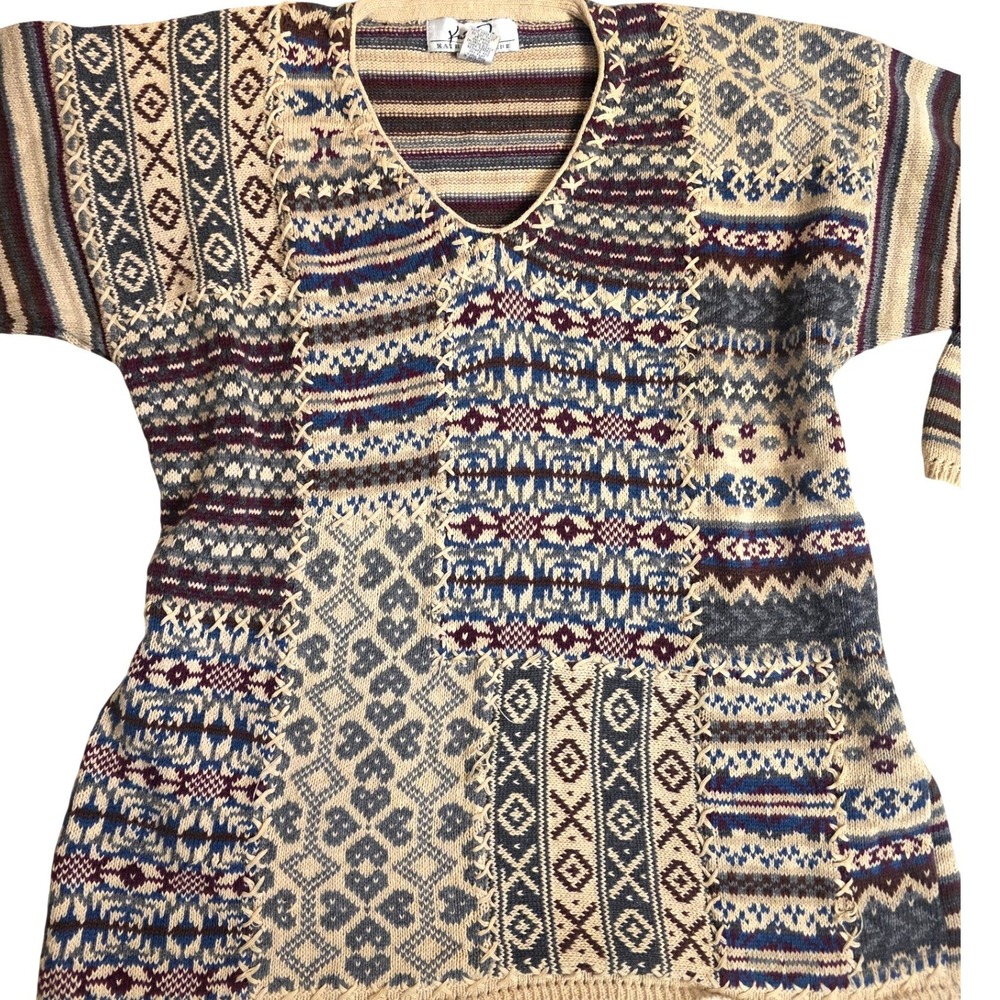 Kathryn Deene Vintage Patchwork Fair Isle Sweater Women XL 18/20 Ramie Cotton